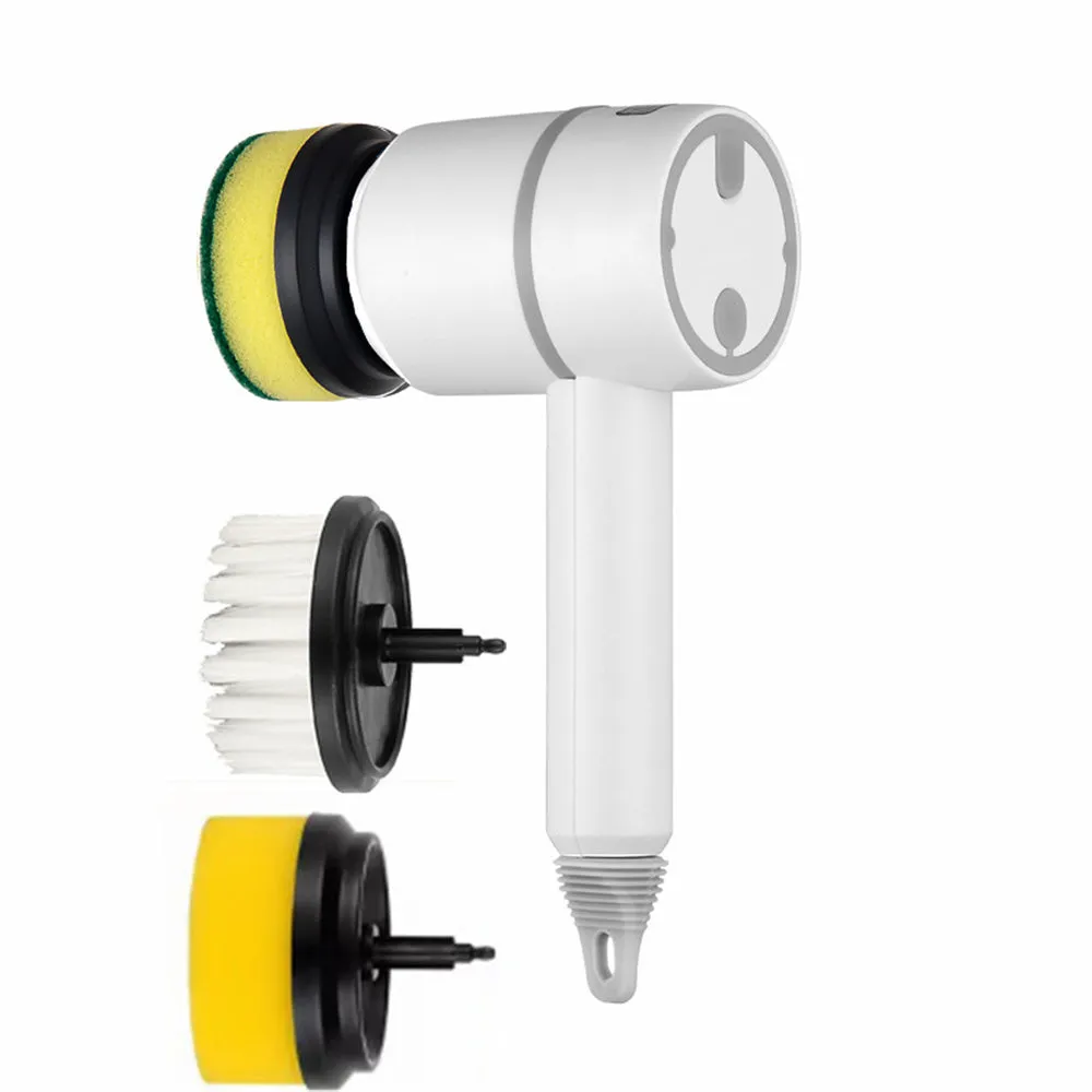 Electric cleaning brush with three interchangeable brush heads and USB charging, cordless design for kitchen and bathtub use
