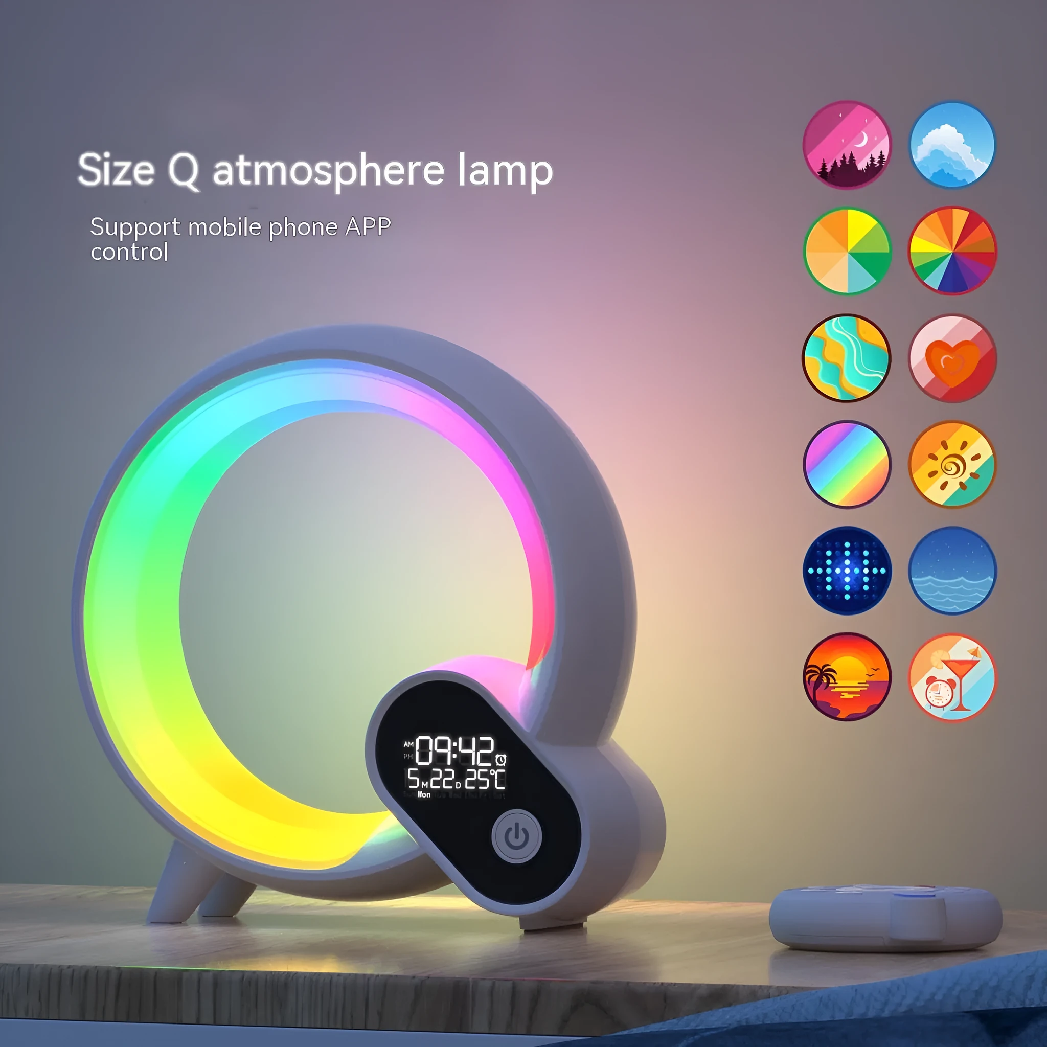 Creative Q modern digital alarm clock with colourful LED light ring in black or white finish.