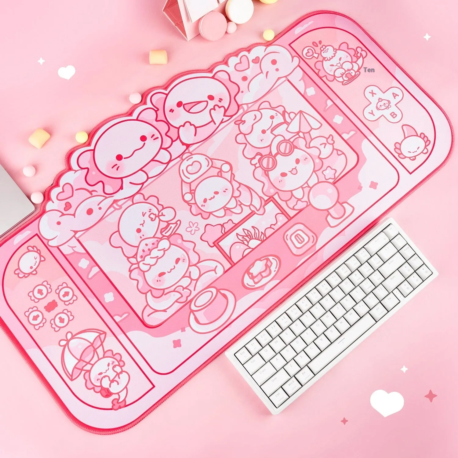 Large grey cloth mouse pad with cartoon anime hexagonal dragon crane machine print and a black wrist strap.