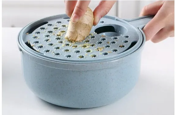 8-in-1 mandoline vegetable slicer with stainless blades, blue, including hand protector and drain basket