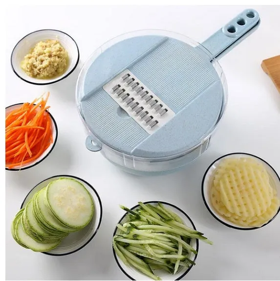 8-in-1 mandoline vegetable slicer with stainless blades, blue, including hand protector and drain basket