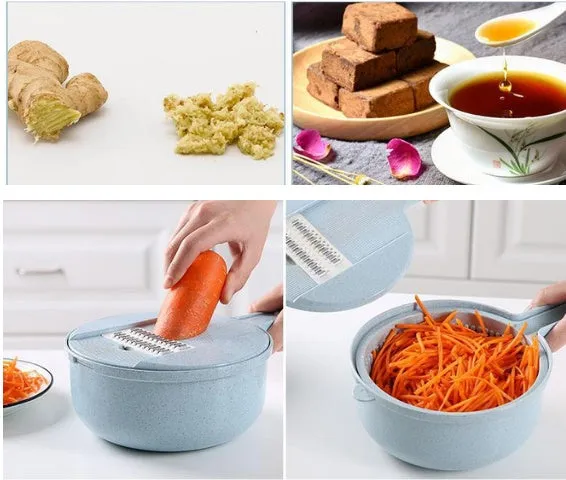 8-in-1 mandoline vegetable slicer with stainless blades, blue, including hand protector and drain basket