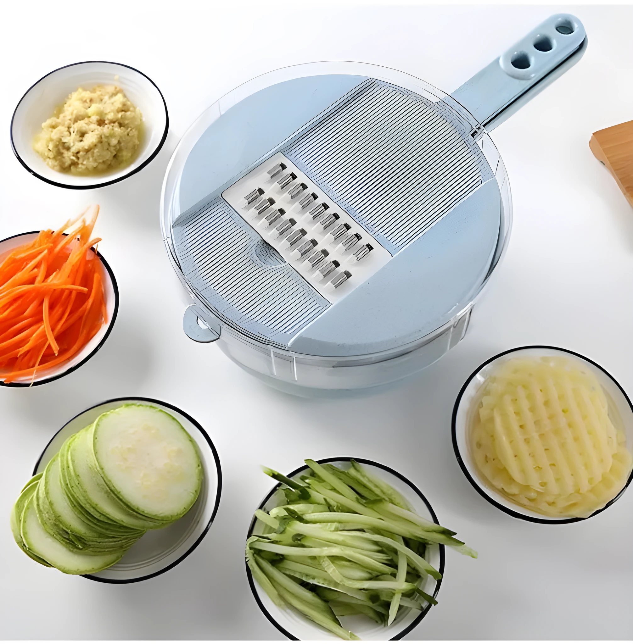 8-in-1 mandoline vegetable slicer with stainless blades, blue, including hand protector and drain basket