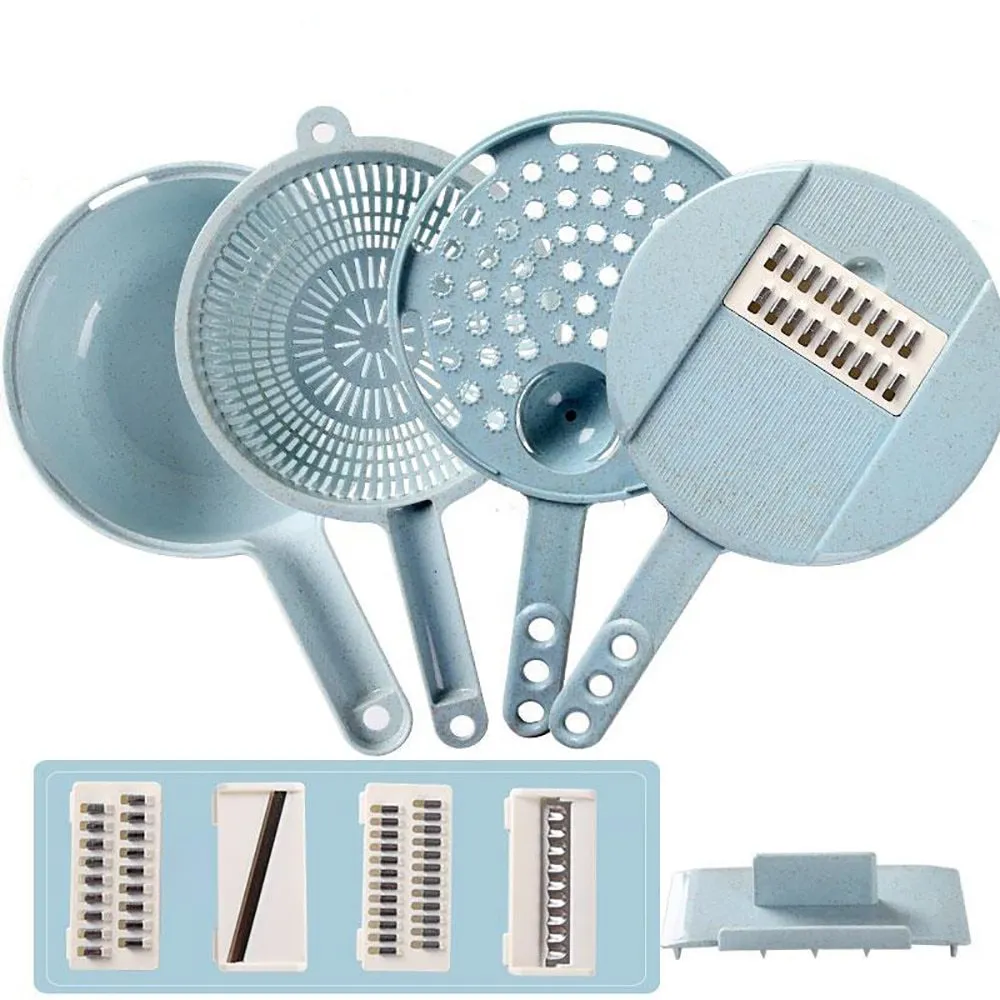8-in-1 mandoline vegetable slicer with stainless blades, blue, including hand protector and drain basket