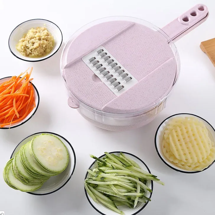 8-in-1 mandoline vegetable slicer with stainless blades, blue, including hand protector and drain basket