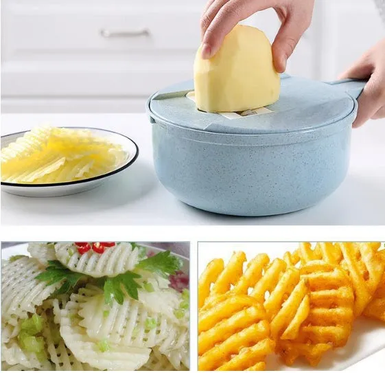 8-in-1 mandoline vegetable slicer with stainless blades, blue, including hand protector and drain basket