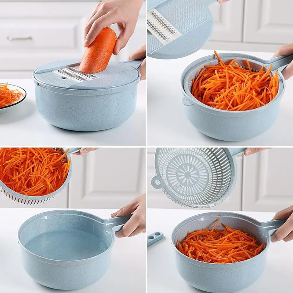 8-in-1 mandoline vegetable slicer with stainless blades, blue, including hand protector and drain basket