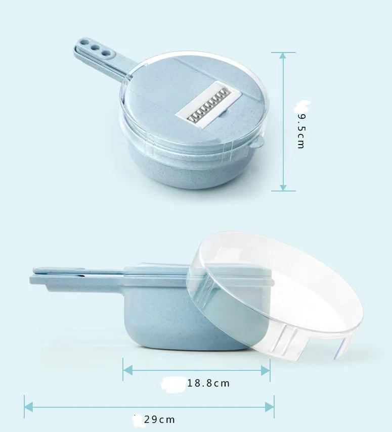 8-in-1 mandoline vegetable slicer with stainless blades, blue, including hand protector and drain basket
