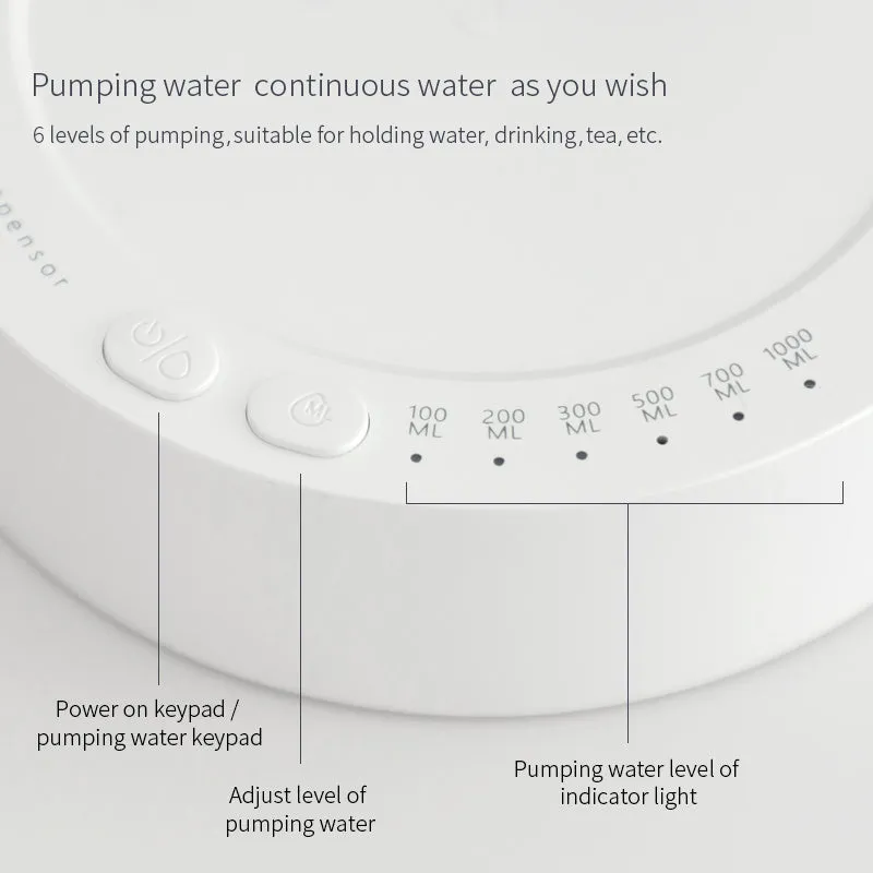 White electric water dispenser pump with USB cable next to water gallon bottle