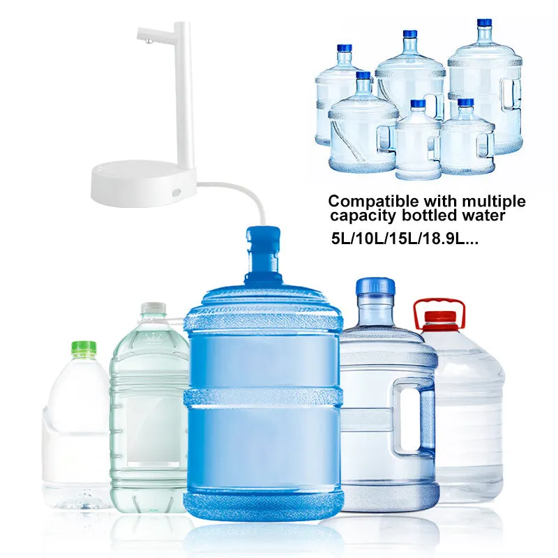 White electric water dispenser pump with USB cable next to water gallon bottle