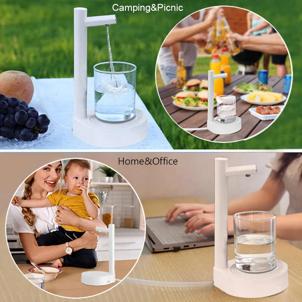 White electric water dispenser pump with USB cable next to water gallon bottle