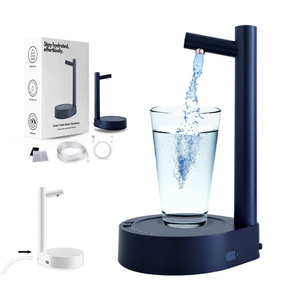 White electric water dispenser pump with USB cable next to water gallon bottle