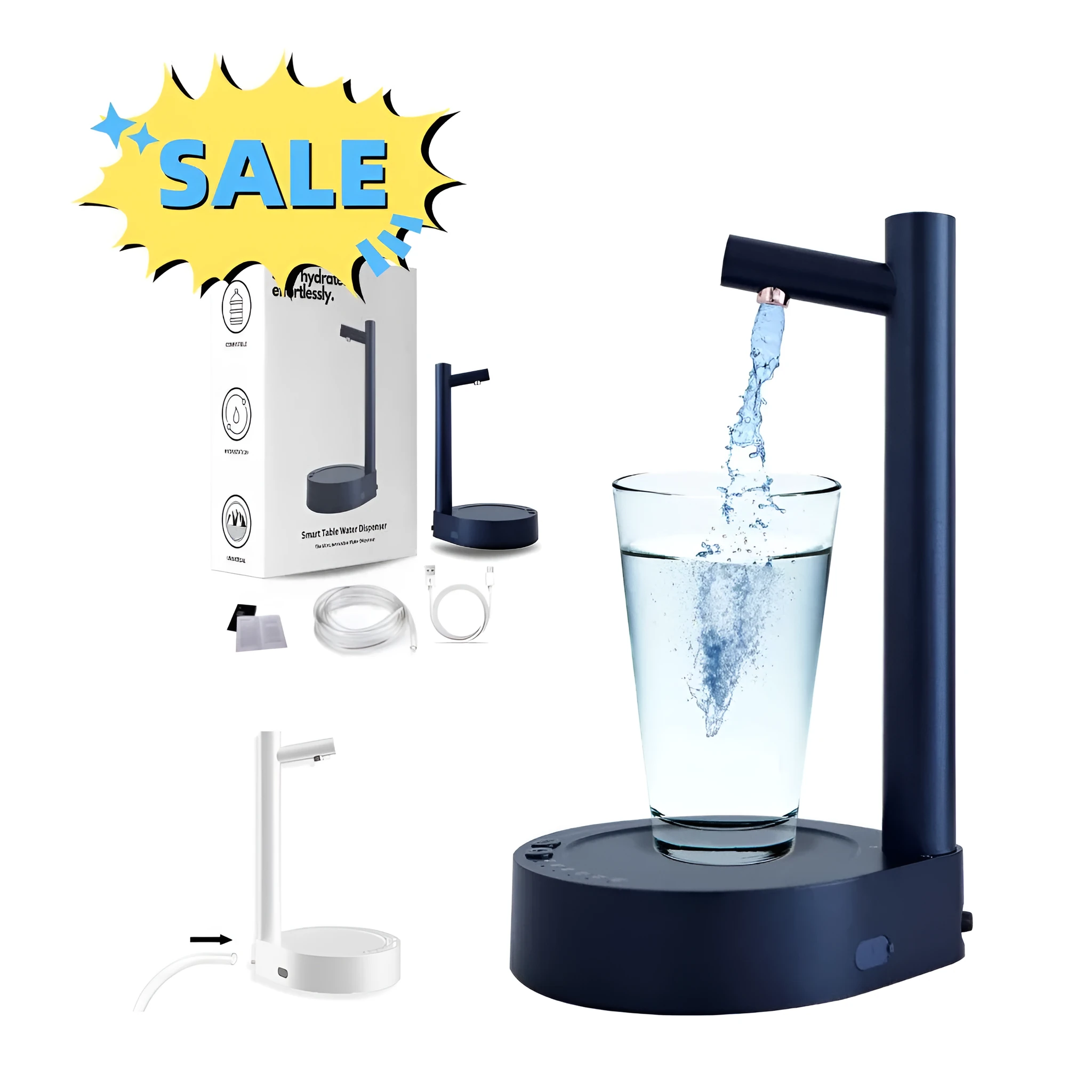 White electric water dispenser pump with USB cable next to water gallon bottle