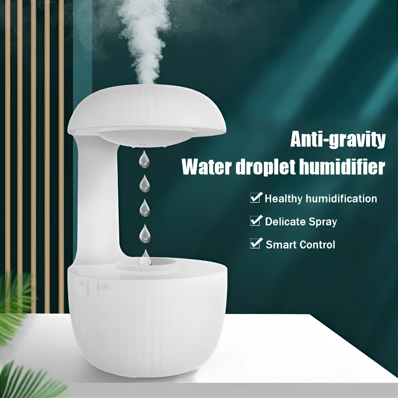 White anti-gravity humidifier showing water droplets levitating upwards from its mist outlet.