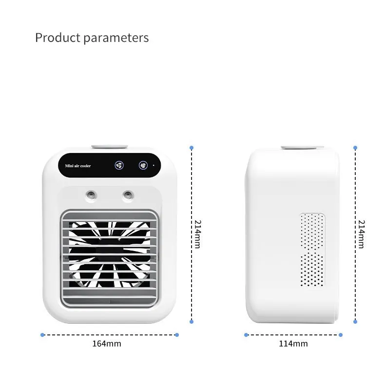 Compact ivory white portable USB air cooler with touchscreen display on a desk.