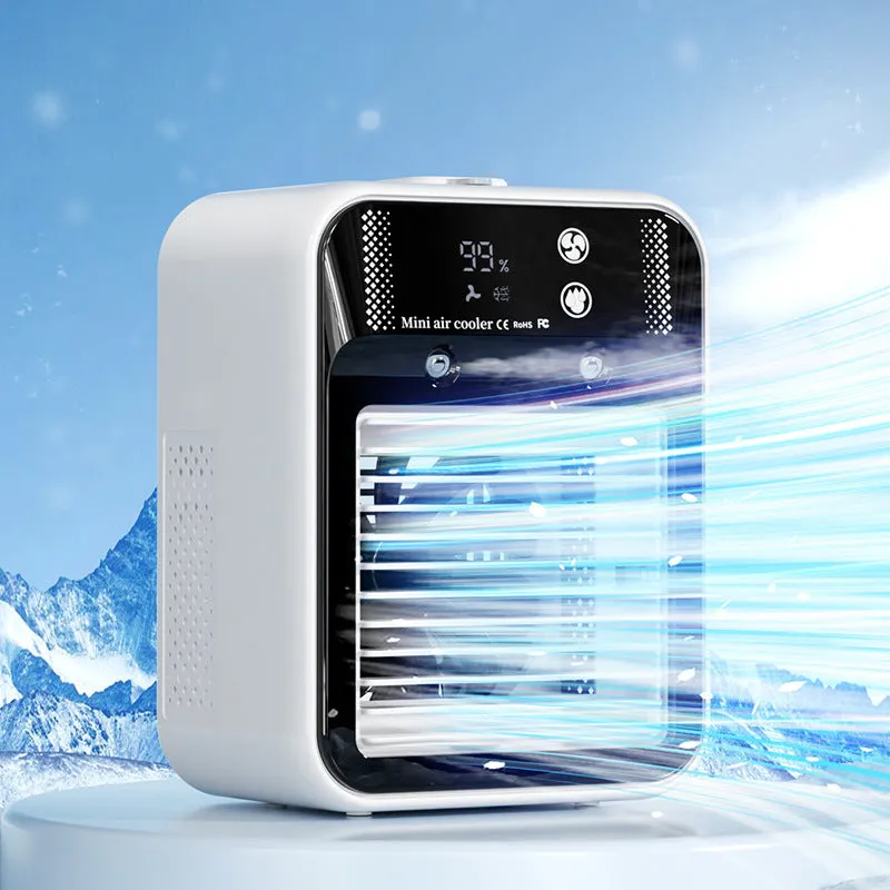 Compact ivory white portable USB air cooler with touchscreen display on a desk.