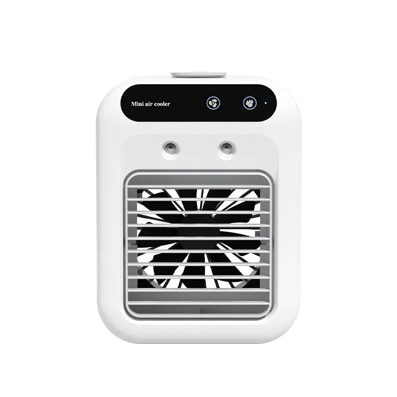 Compact ivory white portable USB air cooler with touchscreen display on a desk.
