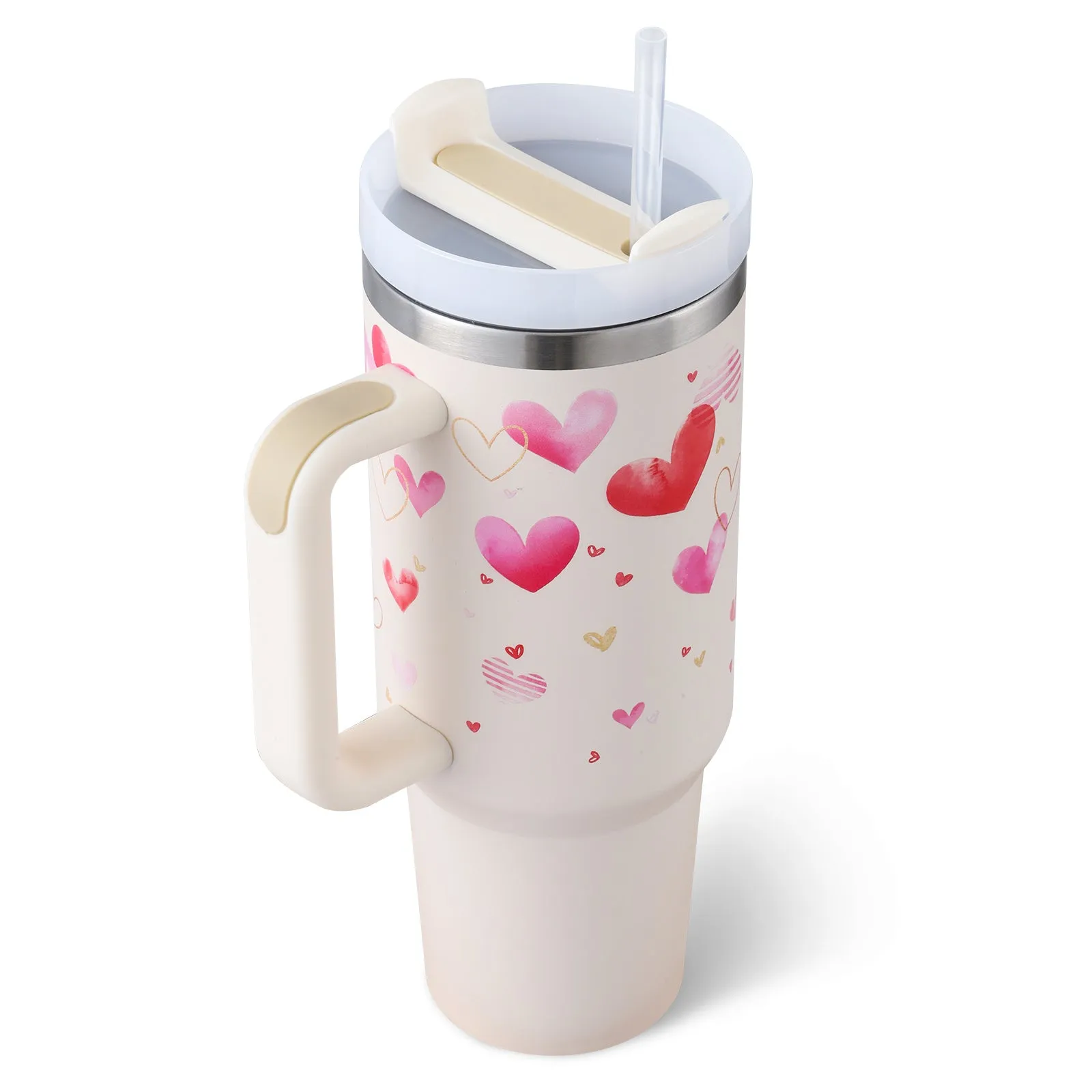 40 oz stainless steel insulated tumbler with a black handle, straw, and grey lid on a wooden table