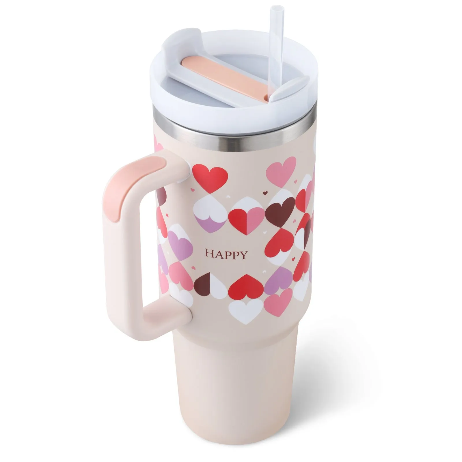 40 oz stainless steel insulated tumbler with a black handle, straw, and grey lid on a wooden table