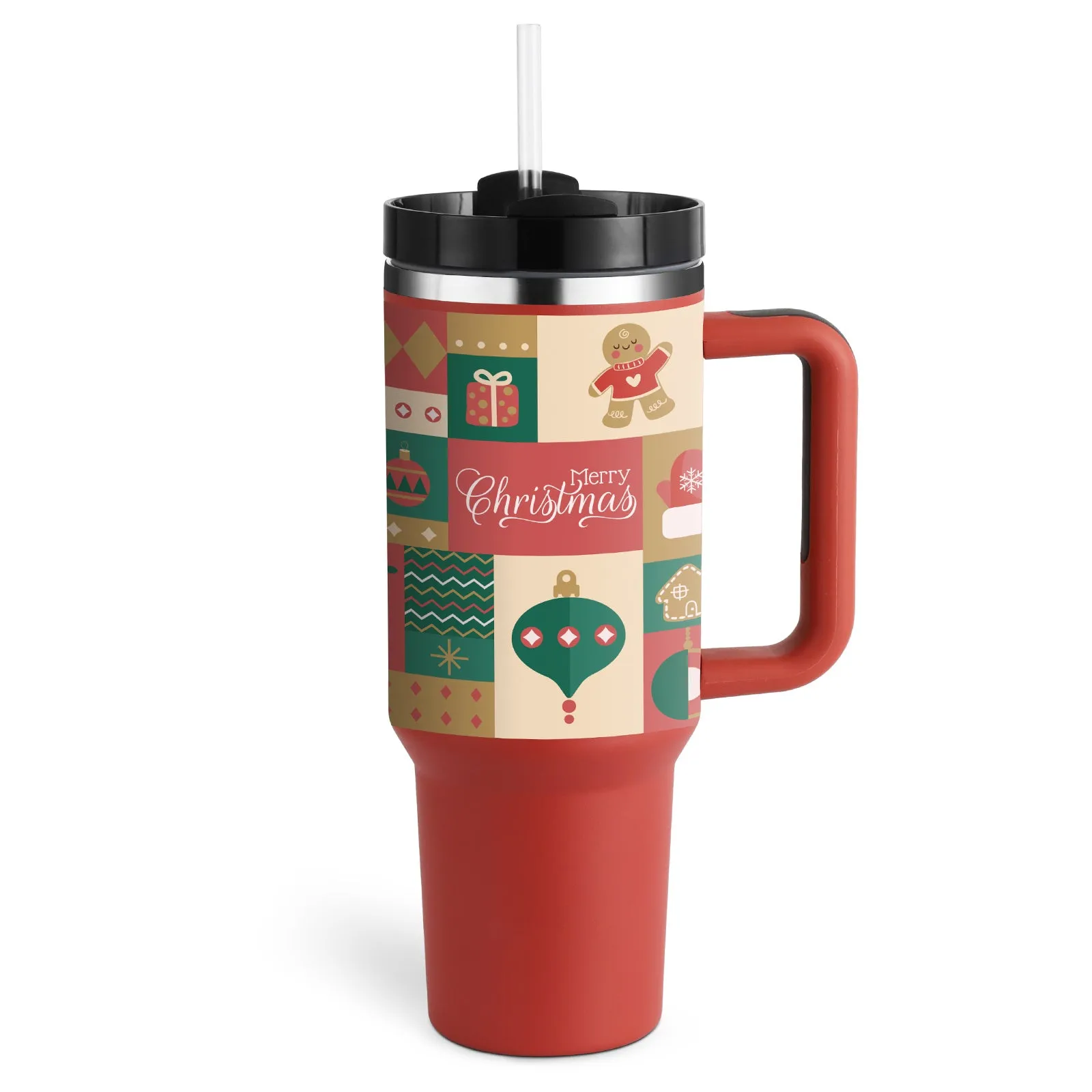 40 oz stainless steel insulated tumbler with a black handle, straw, and grey lid on a wooden table