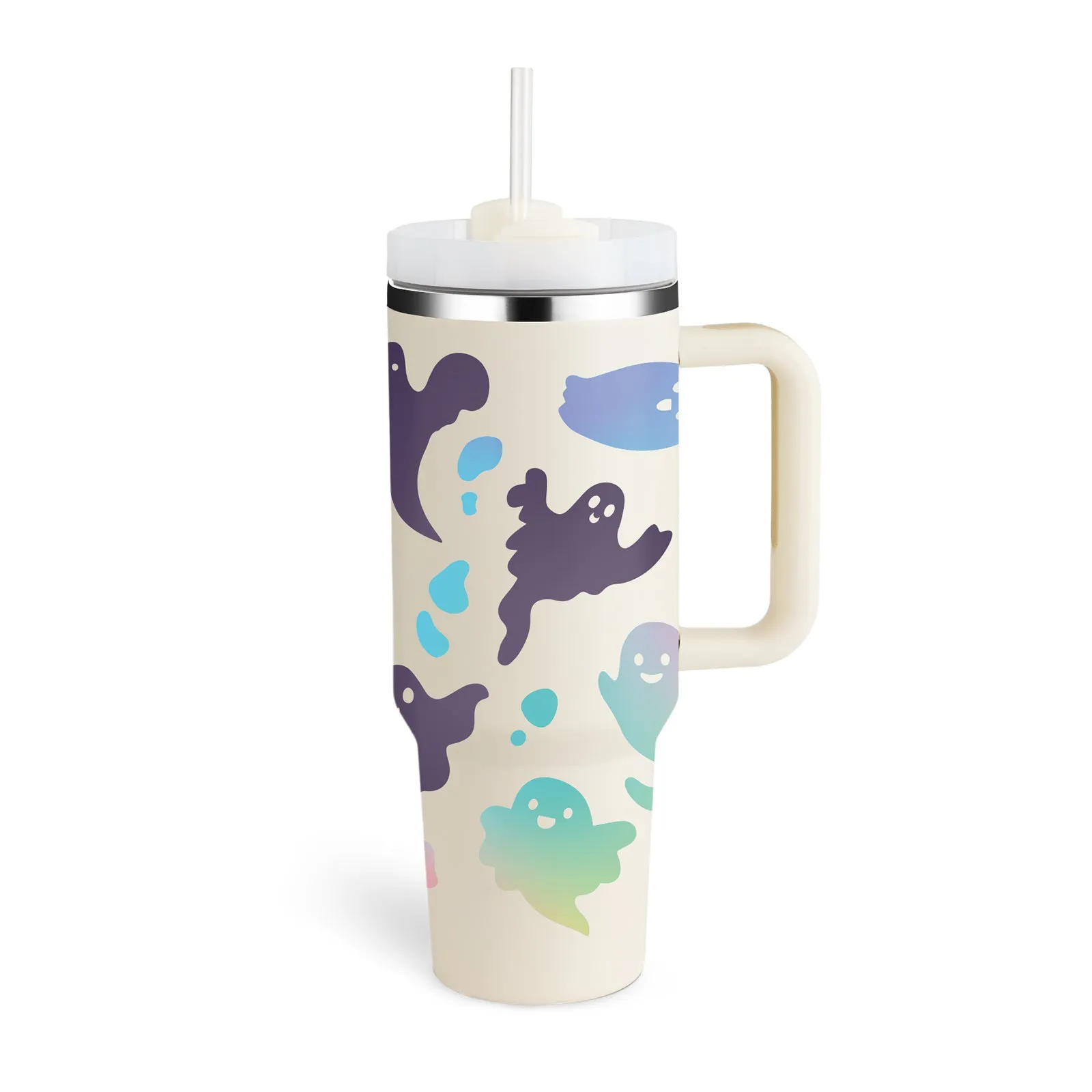 40 oz stainless steel insulated tumbler with a black handle, straw, and grey lid on a wooden table