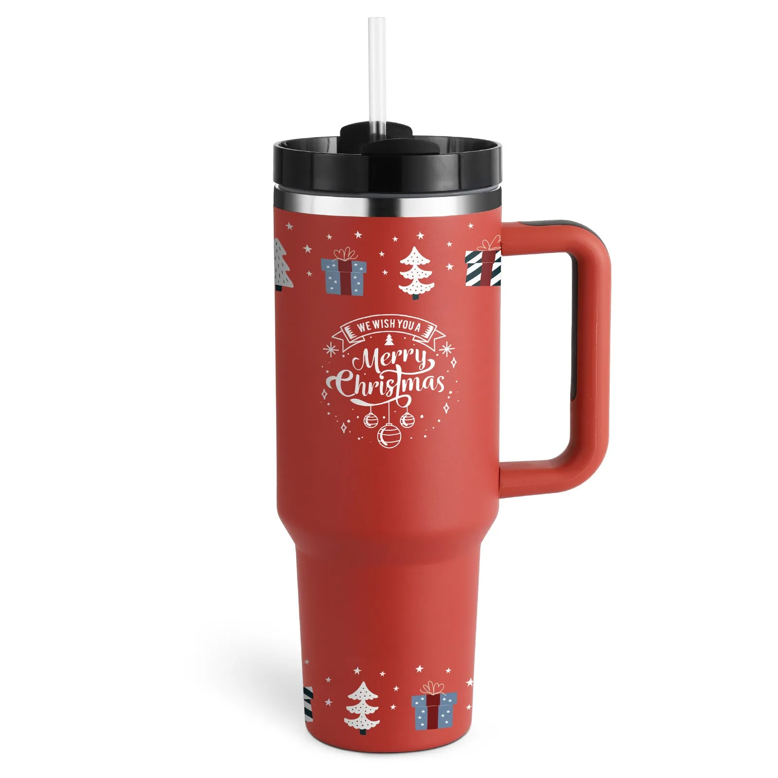 40 oz stainless steel insulated tumbler with a black handle, straw, and grey lid on a wooden table
