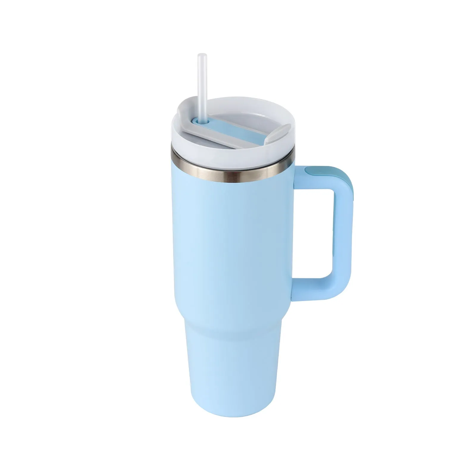 40 oz stainless steel insulated tumbler with a black handle, straw, and grey lid on a wooden table