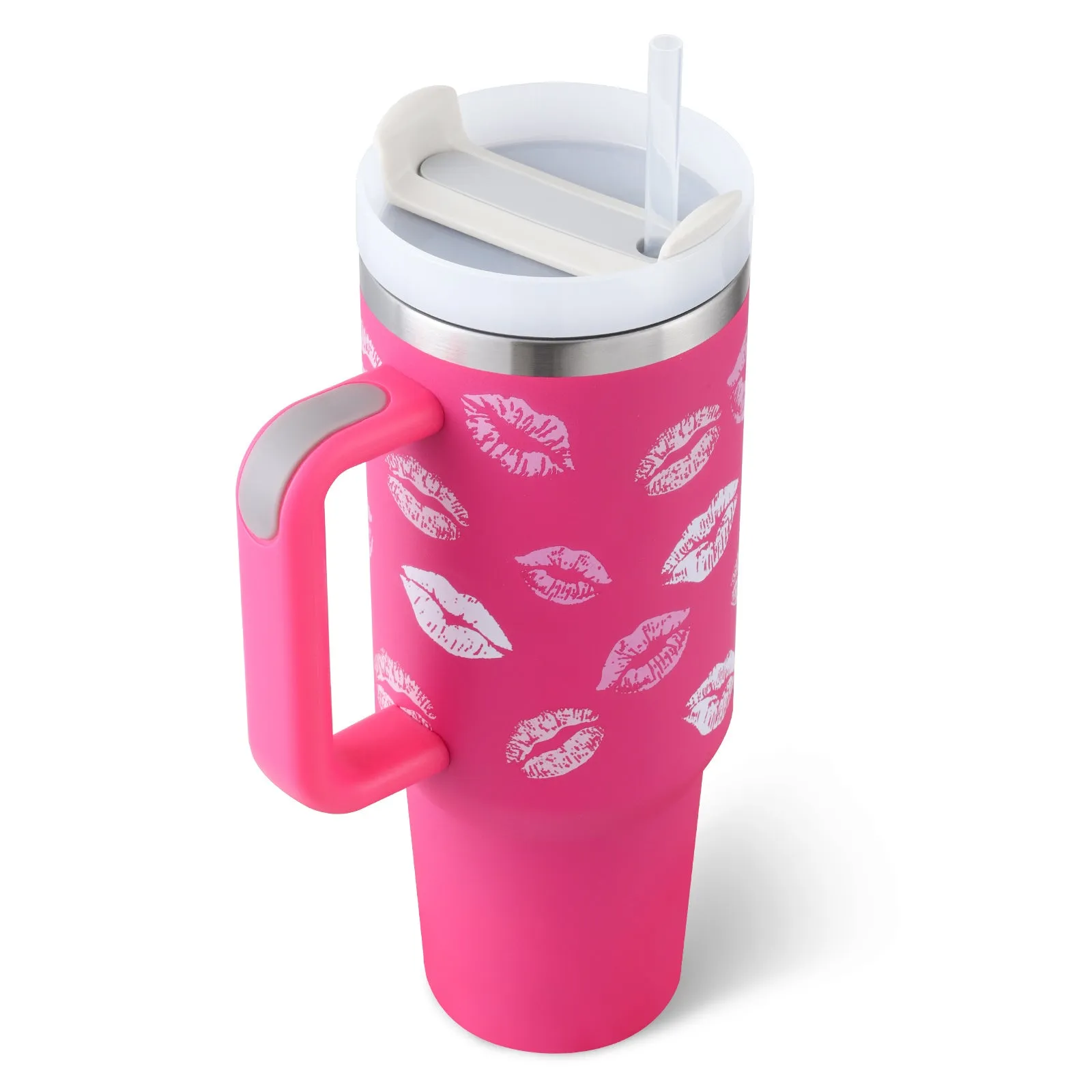 40 oz stainless steel insulated tumbler with a black handle, straw, and grey lid on a wooden table