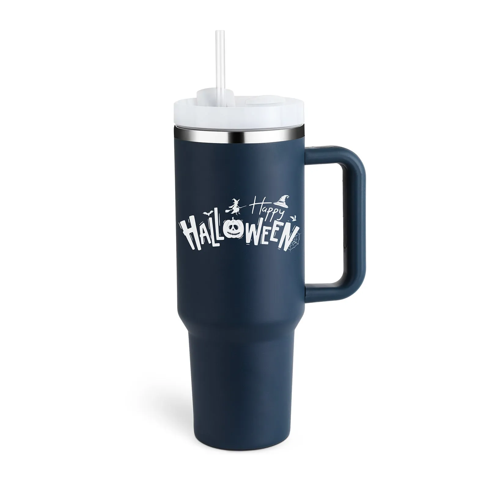 40 oz stainless steel insulated tumbler with a black handle, straw, and grey lid on a wooden table