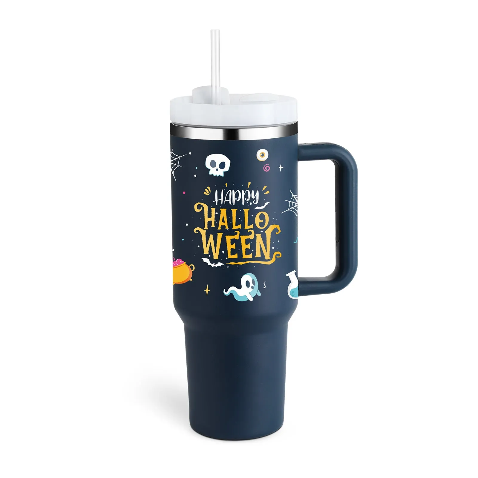 40 oz stainless steel insulated tumbler with a black handle, straw, and grey lid on a wooden table