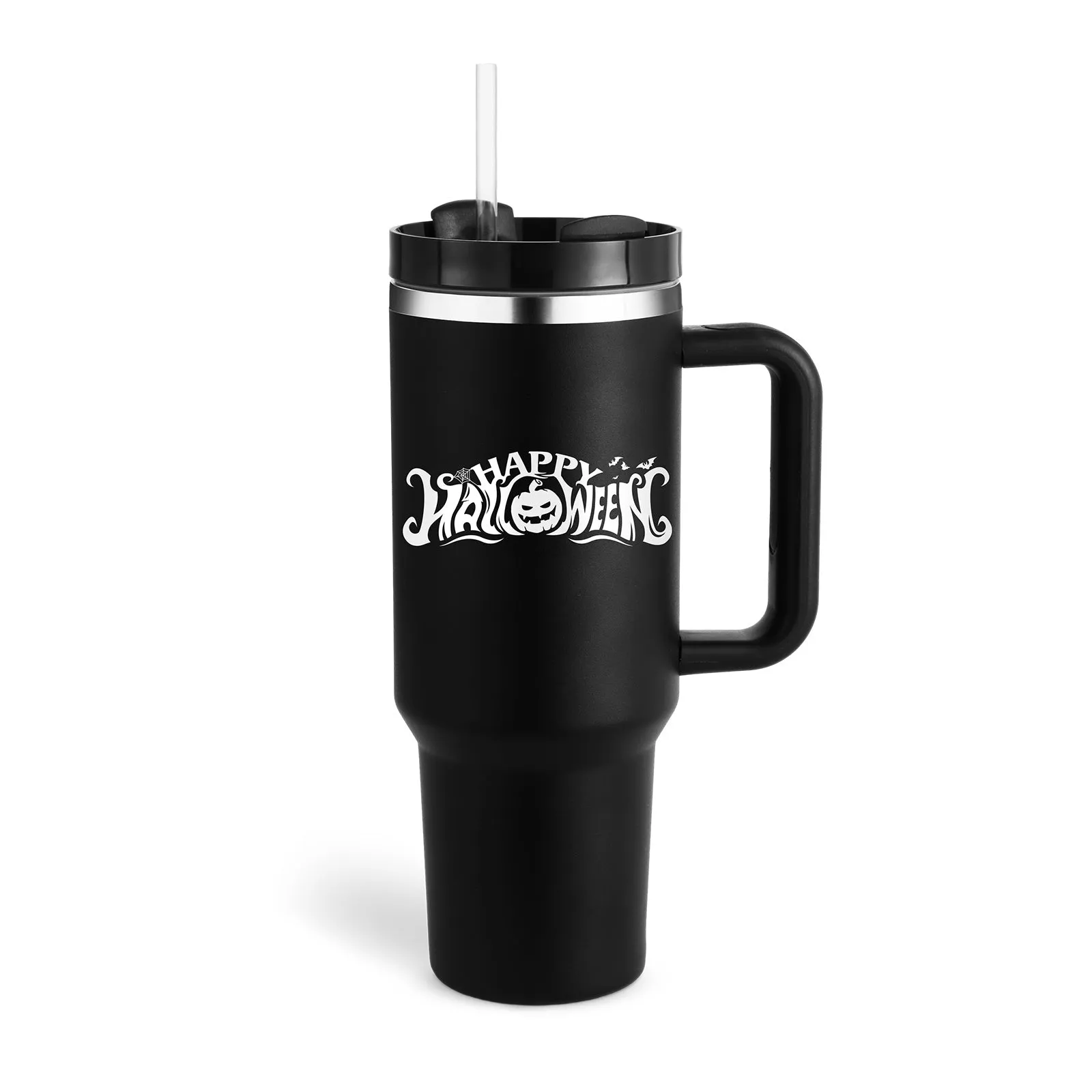 40 oz stainless steel insulated tumbler with a black handle, straw, and grey lid on a wooden table