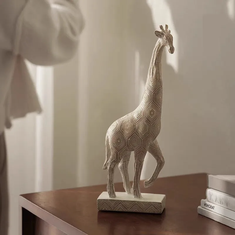 Wood colour European-style giraffe resin ornament on a shelf.