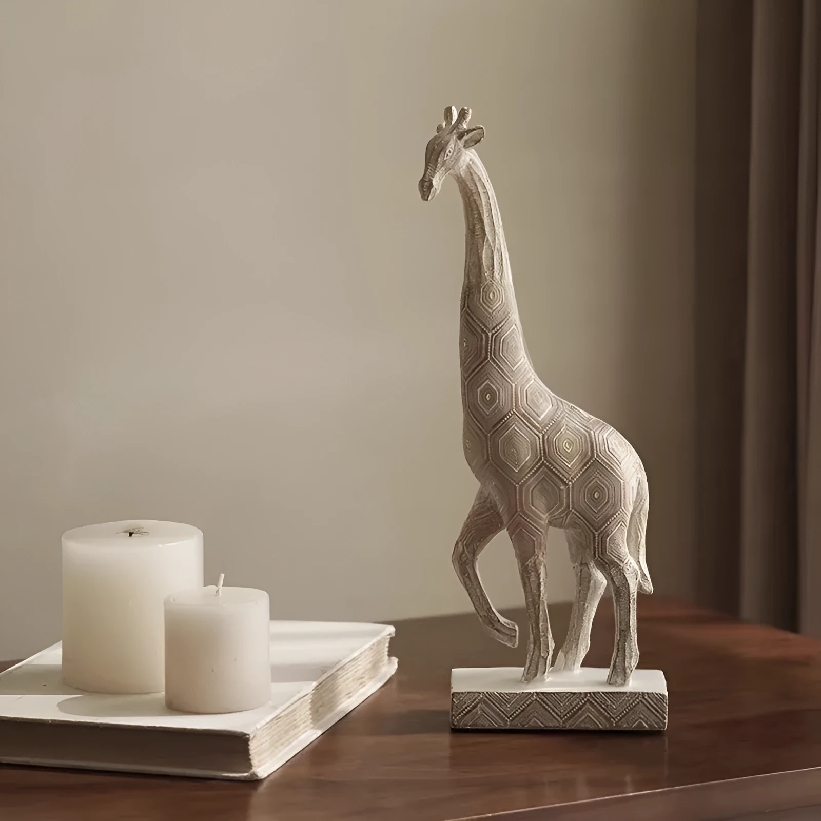 Wood colour European-style giraffe resin ornament on a shelf.