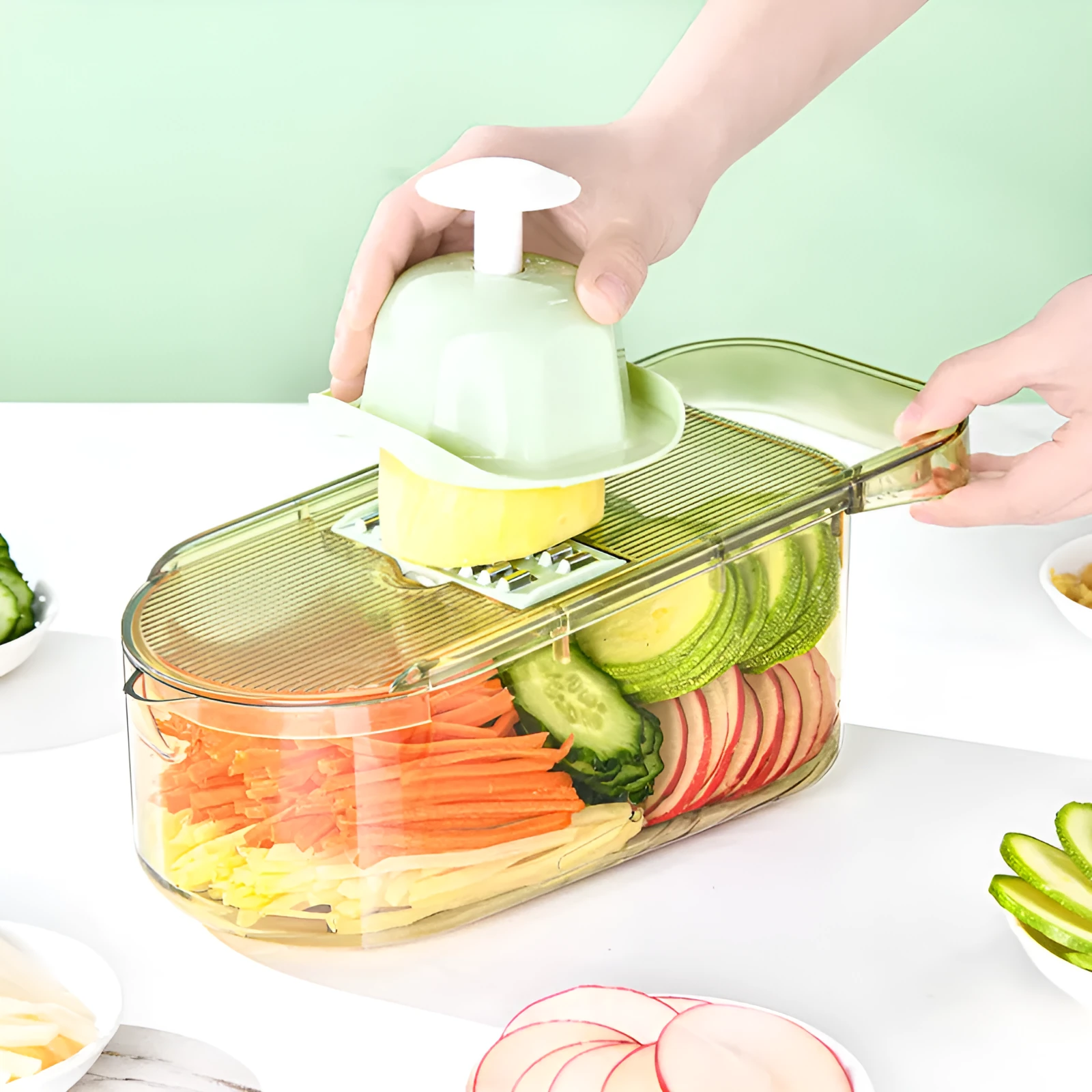 Transparent green vegetable cutter with stainless steel blades and 1.5L capacity container