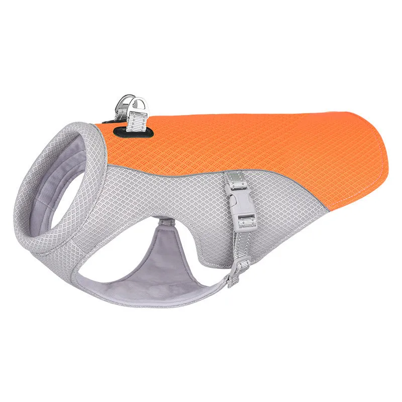 Dog wearing orange cooling vest with heat reflective outer layer and UV protection, designed for outdoor walks in summer