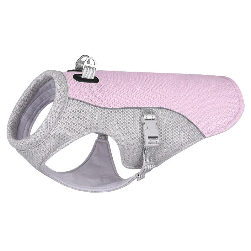 Dog wearing orange cooling vest with heat reflective outer layer and UV protection, designed for outdoor walks in summer