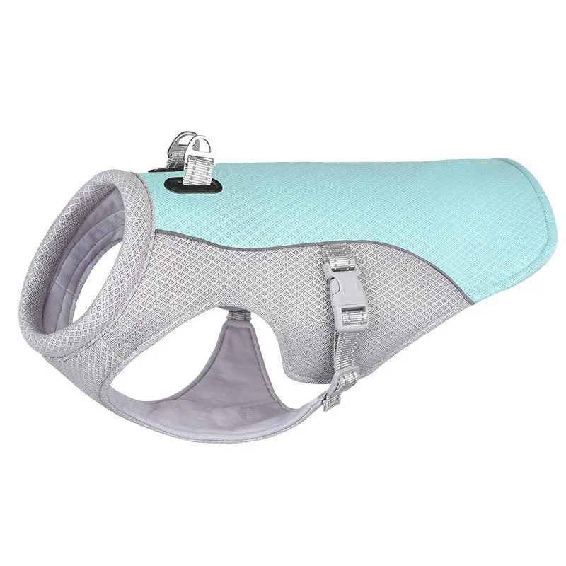 Dog wearing orange cooling vest with heat reflective outer layer and UV protection, designed for outdoor walks in summer