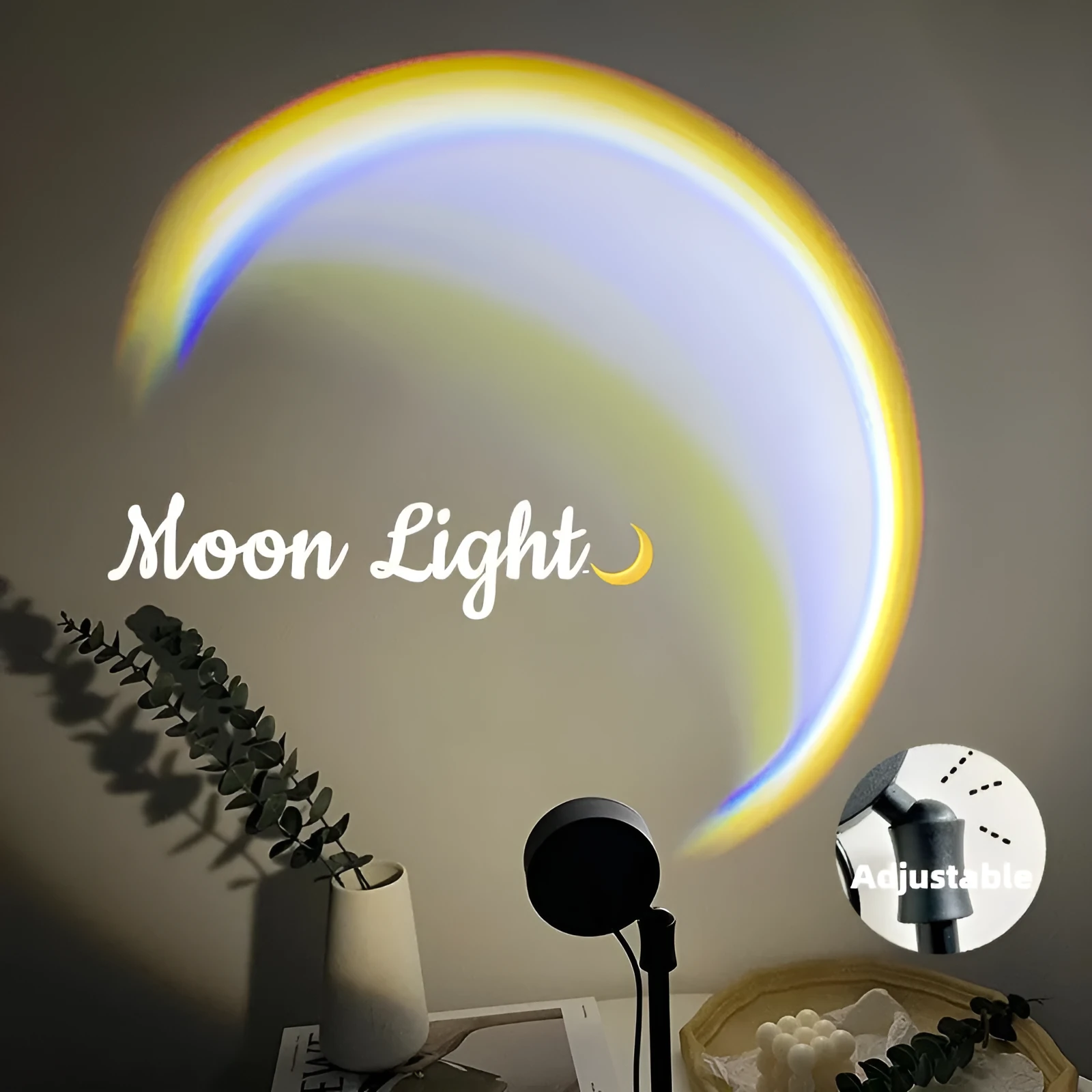 USB-powered moon projector lamp with Scandinavian design projecting rainbow pattern on wall