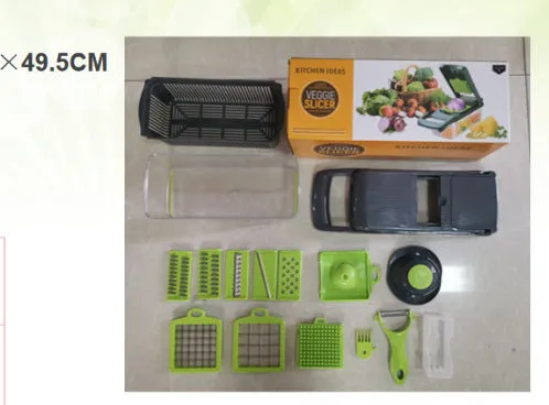 Gray stainless steel vegetable cutter with 8 blades, garlic grinder, hand guard, shaving knife, and egg white separator