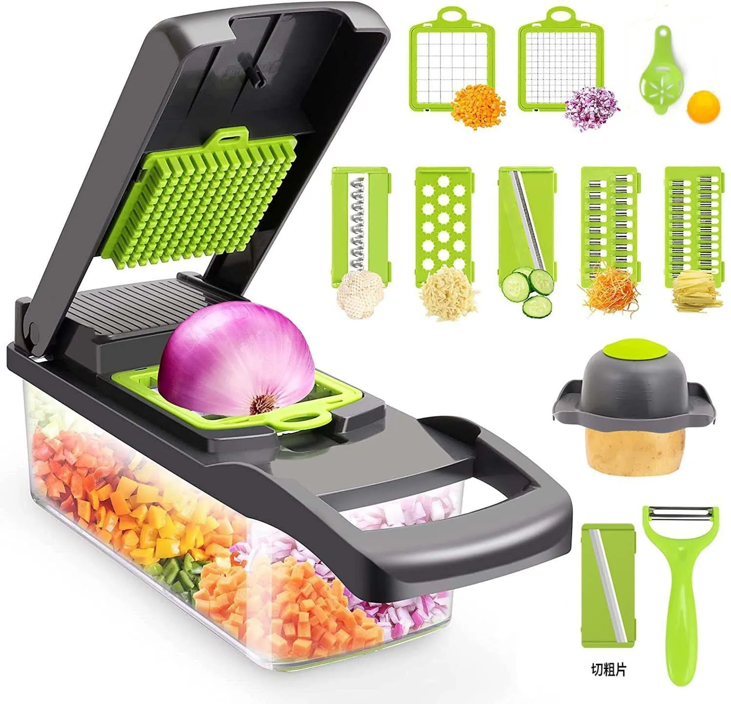 Gray stainless steel vegetable cutter with 8 blades, garlic grinder, hand guard, shaving knife, and egg white separator