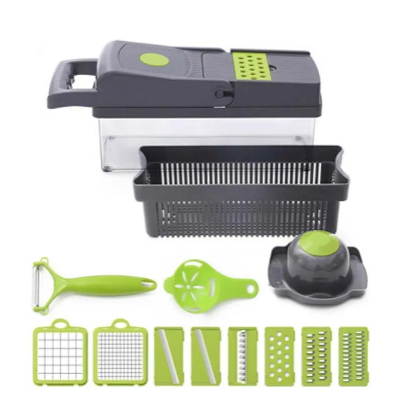 Gray stainless steel vegetable cutter with 8 blades, garlic grinder, hand guard, shaving knife, and egg white separator