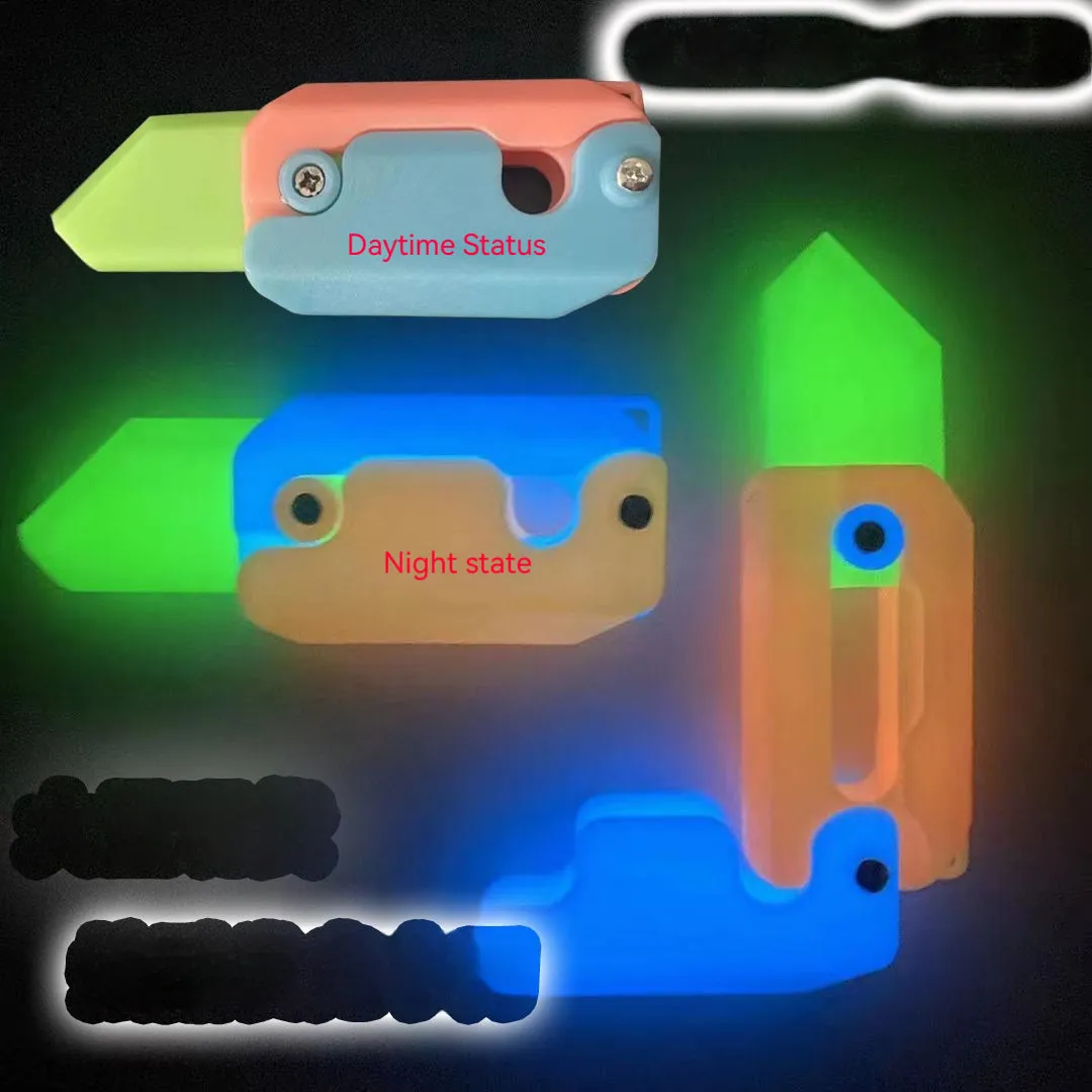 3D printed carrot gravity fidget knife in orange purple green colour, showing blade partly extended from sheath