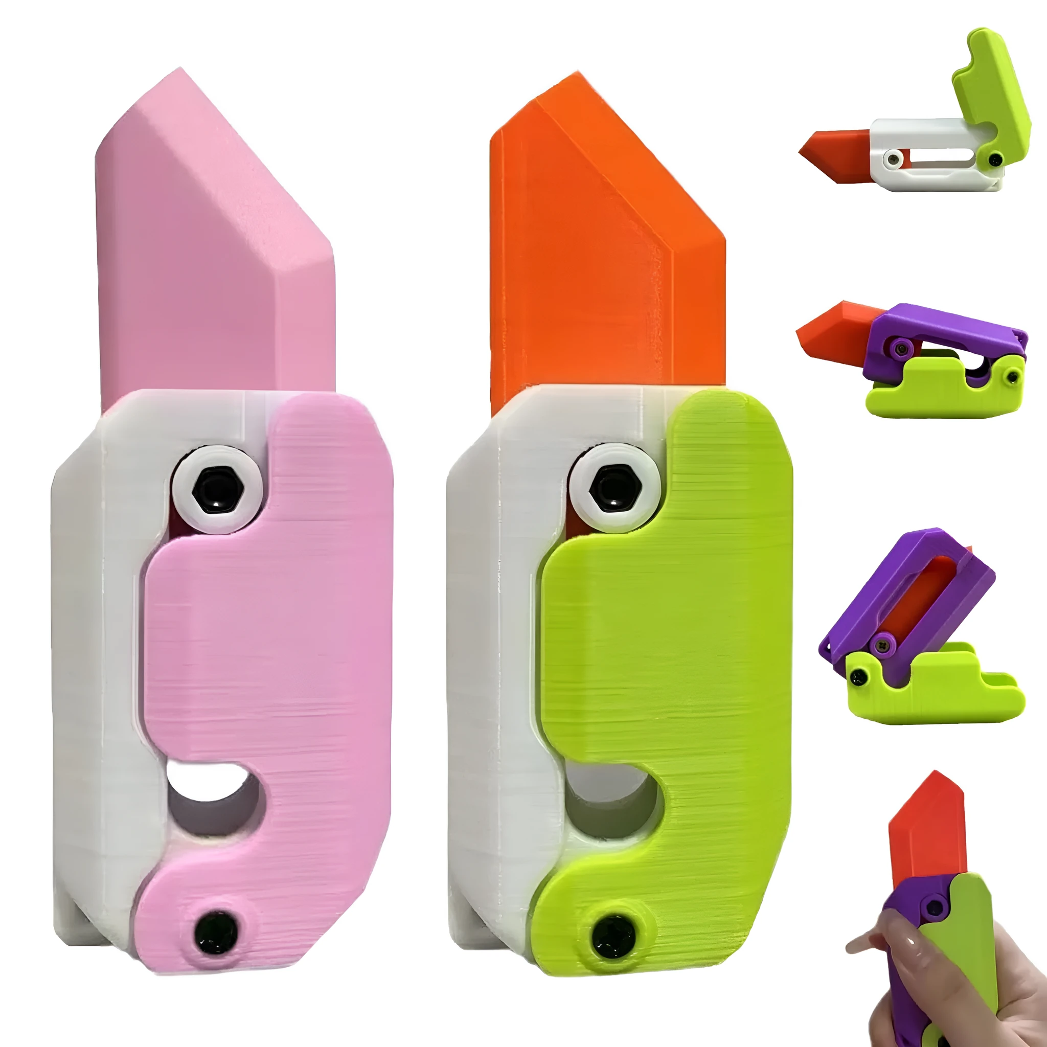 3D printed carrot gravity fidget knife in orange purple green colour, showing blade partly extended from sheath
