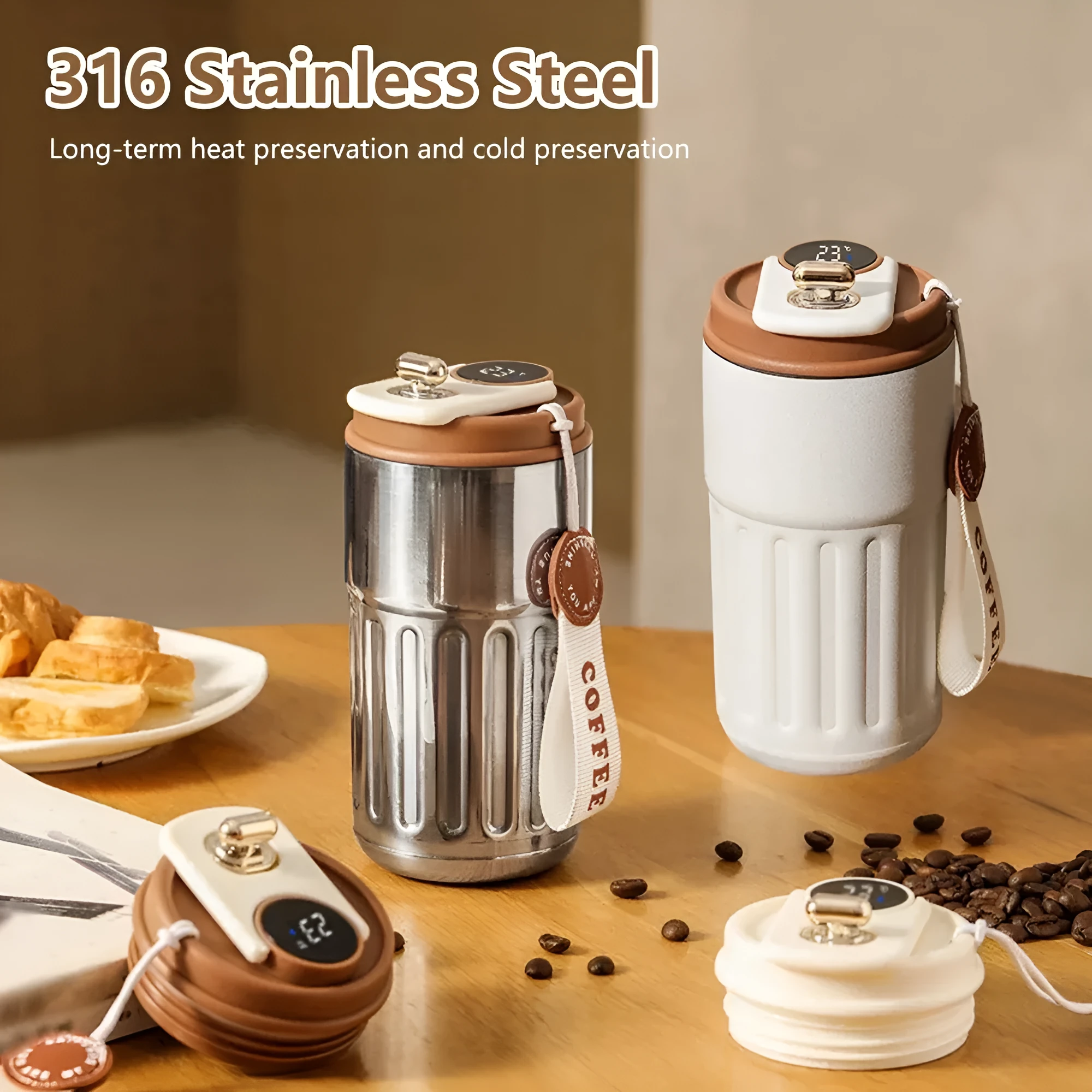 Smart digital thermal bottle 450ml with temperature display, 316 stainless steel liner, available in Fog White Coffee colour