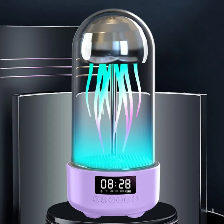 Grey pink purple Bluetooth speaker with jellyfish mood lighting effects and LED clock display screen