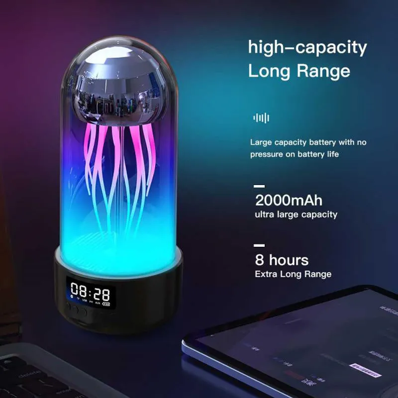 Grey pink purple Bluetooth speaker with jellyfish mood lighting effects and LED clock display screen