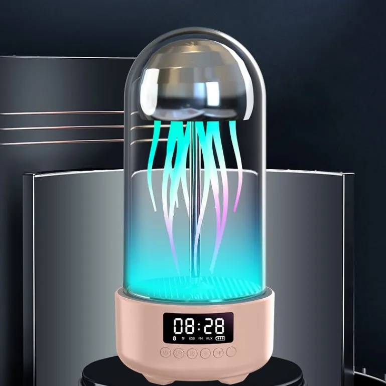 Grey pink purple Bluetooth speaker with jellyfish mood lighting effects and LED clock display screen