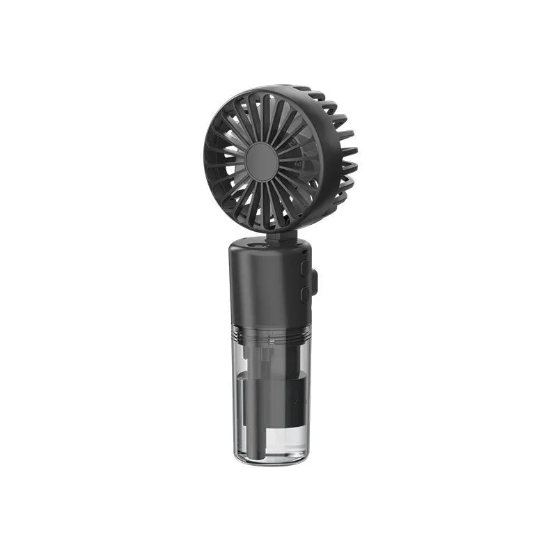 Handheld portable mist fan showing transparent water tank and multiple colour options