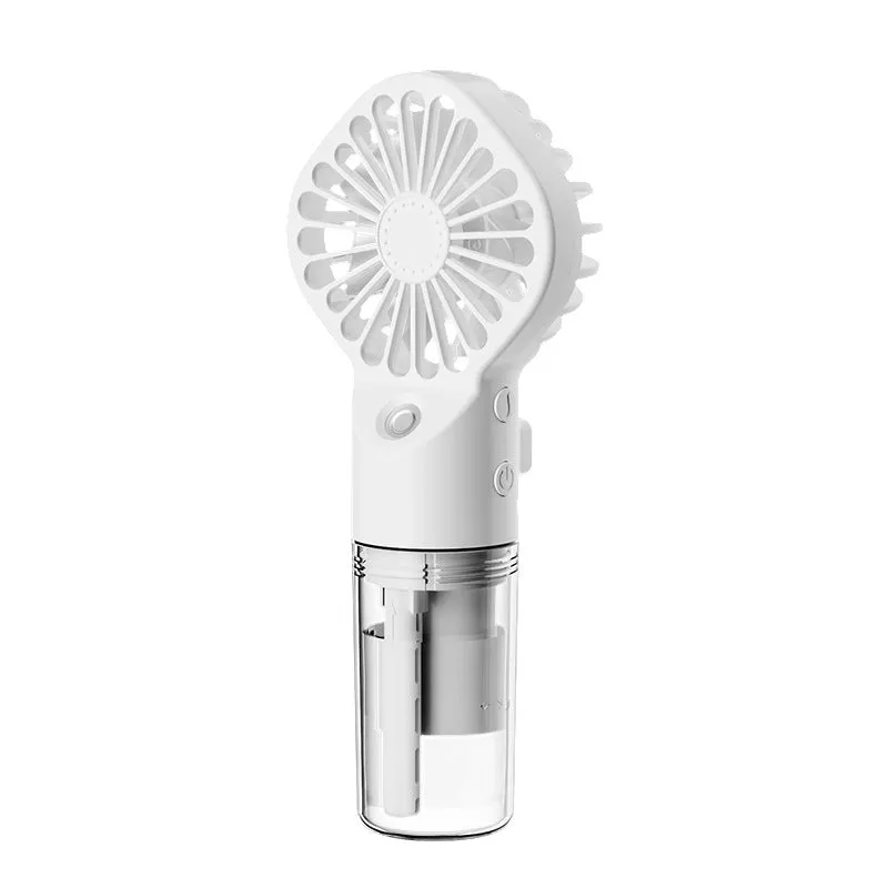 Handheld portable mist fan showing transparent water tank and multiple colour options