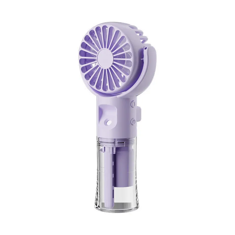 Handheld portable mist fan showing transparent water tank and multiple colour options